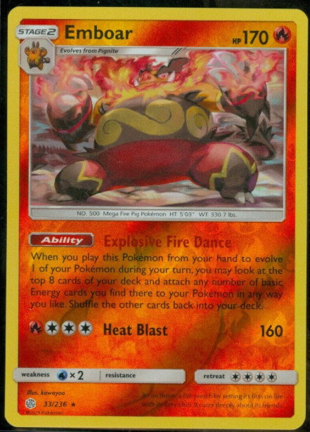 Pokemon - EMBOAR 33/236 - Cosmic Eclipse - Reverse Holo Rare - NM/M