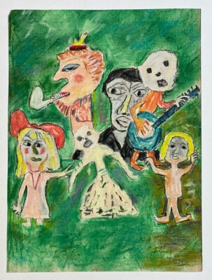 Jon Serl (Handmade) Drawing On old Paper Signed & Stamped Mixed Media