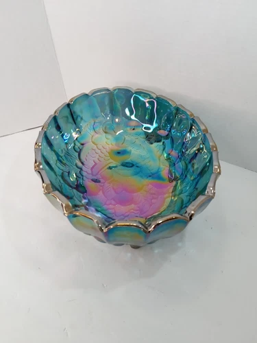 Vintage Indiana Glass, Blue Carnival Glass Oval Footed Fruit Bowl, Raised Design