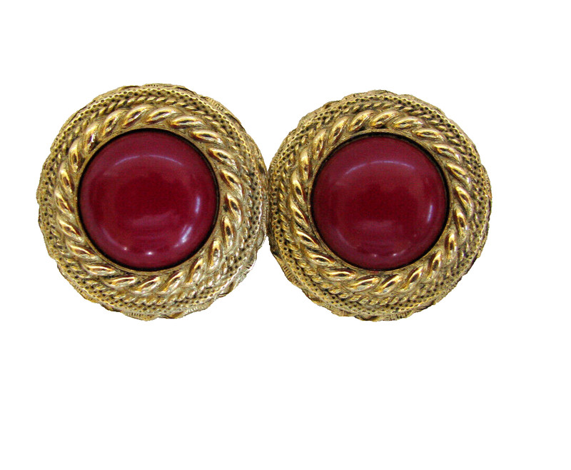 Vintage Costume Jewelry Womens metal clip-on burgundy center earrings 2”