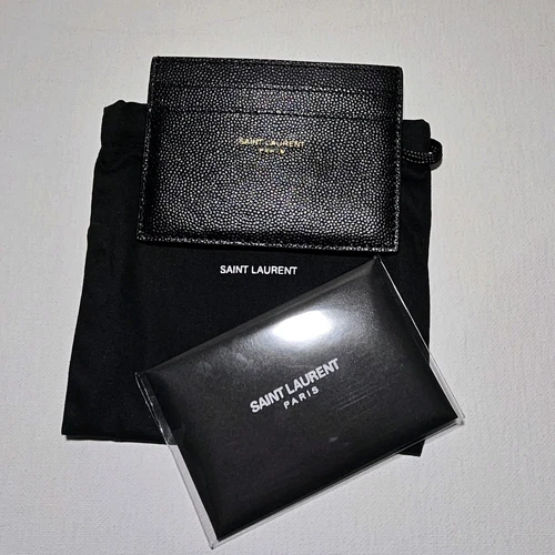 SAINT LAURENT (YSL) Autentico astuccio Saint Laurent in pelle di corteccia rivestito nero emblema in rilievo oro