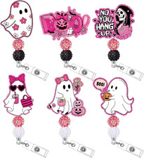 6 Pcs Pink Halloween Cute Ghost Badge Reel with Alligator Clip