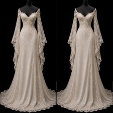 Elegant Mermaid Wedding Dresses V Neck Lace Long Sleeves Sweep Train Bridal Gown