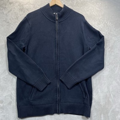 LL Bean Mens Large Tall Full Zip Sweater Blue Mock Neck Heavy Cotton