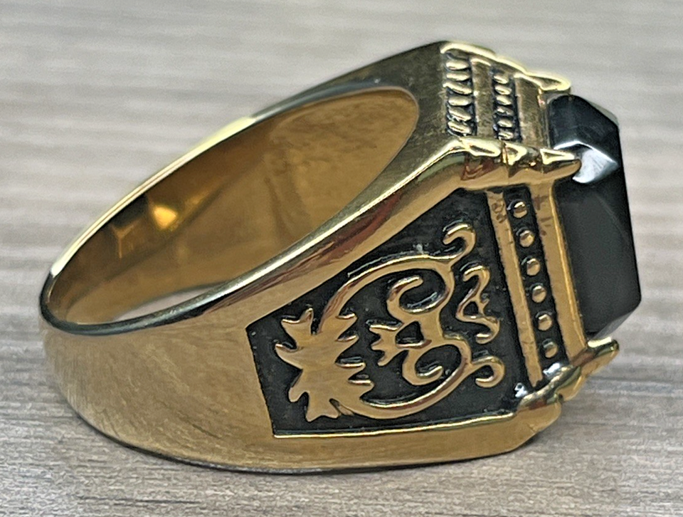 Men’s Stauer Gallantry Black Onyx Excalibur Steel Ring Coat Of Arms ...