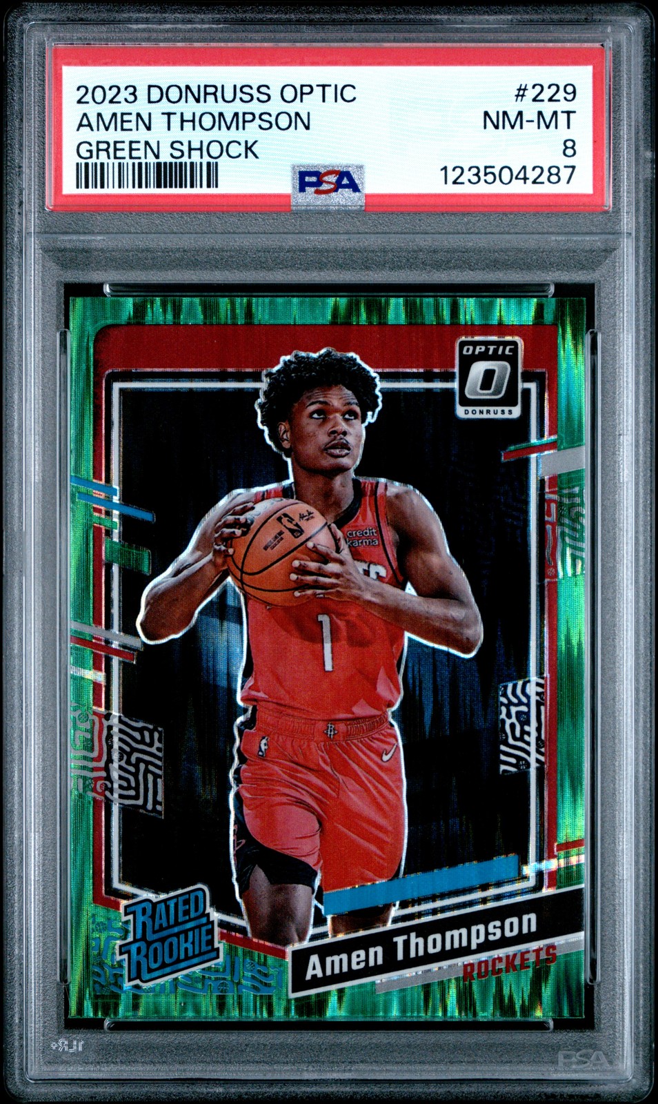 2023 PANINI DONRUSS OPTIC GREEN SHOCK #229 AMEN THOMPSON PSA 8