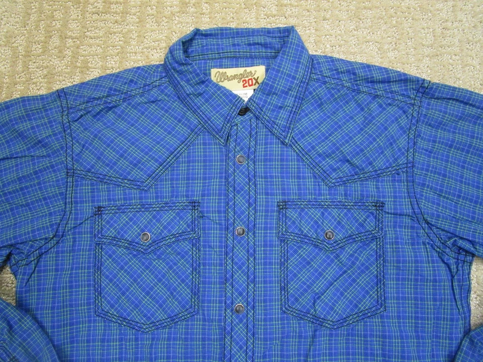 Wrangler 20X Shirt Boys XL Blue Plaid Youth Western Pearl Snap Kids Long Sleeve - Image 2 of 4