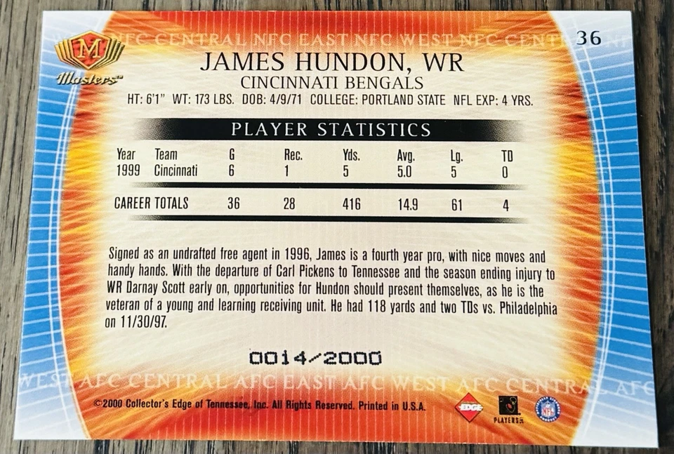 2000 Collector's Edge Masters /2000 James Hundon #36 - Image 2 of 2