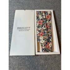 Rbocott Mens Floral Necktie Navy Peach Green Flower Print Cotton Blend Tie Boxed