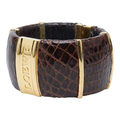 LOEWE Logo Armreif in braunem und vergoldetem Leder für Damen.