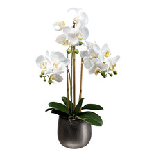 Artificial Flower Arrangement White Phalaenopsis Orchid 24" in Silver Vase