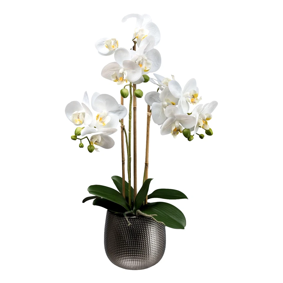 Flor Artificial Blanca Phalaenopsis Orquídea 24" en Jarrón Cerámico Plateado Foto 2 de 4