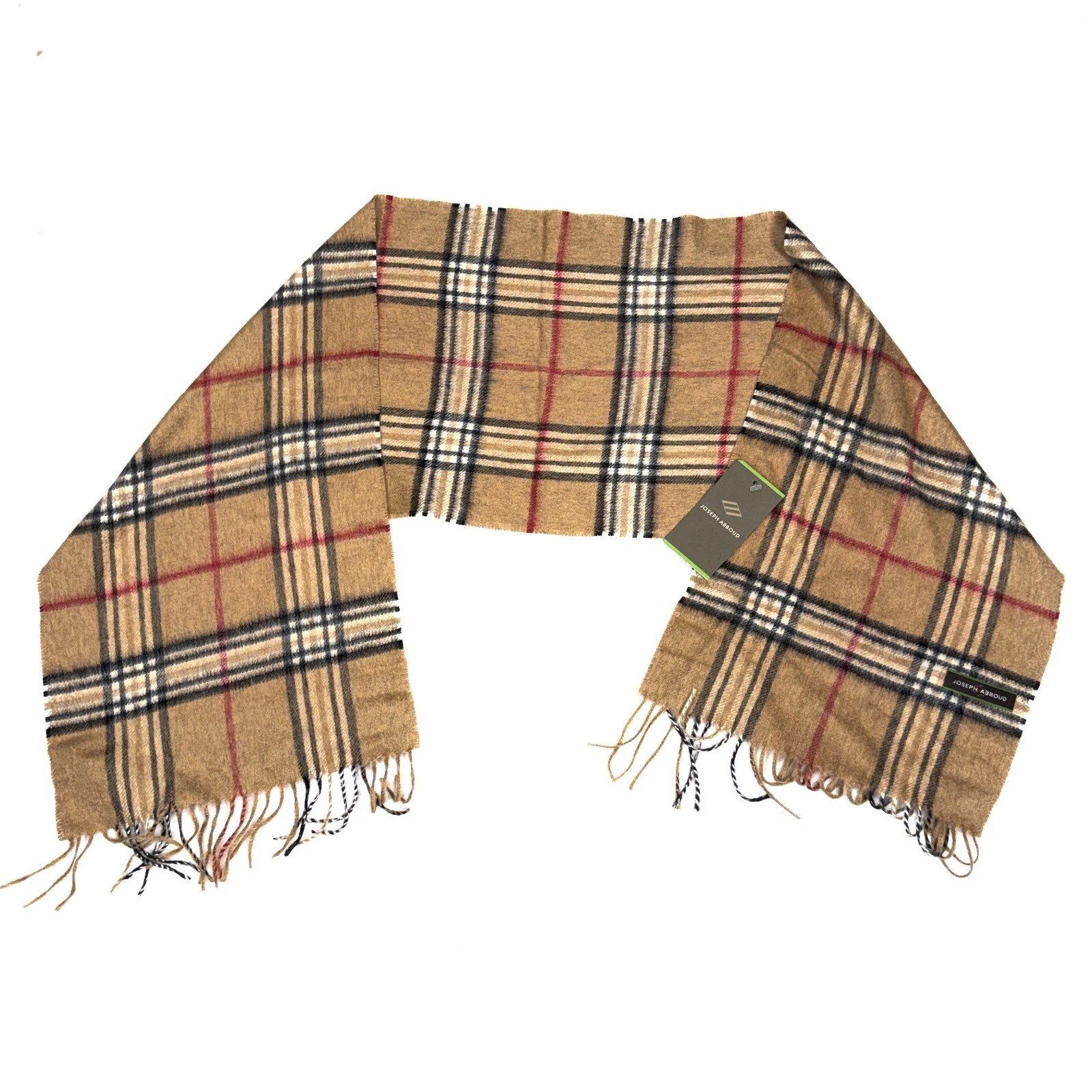 Joseph Abboud 100% Cashmere Beige Plaid Rectangle Scarf Made In Germany Fringe