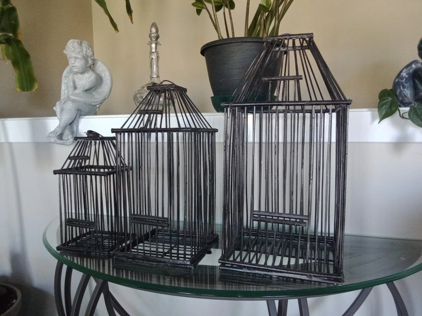 Black Bamboo Wood Bird Cage 3 Piece Set, Slide Up Doors, Bottoms Swing Open