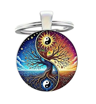 Schlüsselanhänger, Taschenschmuck Cabochon Lebensbaum und Yin & Yang Symbol.