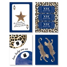Navy Blue and Leopard Lucky 8 Ball Canvas Wall Art Prints Set of 4, Trendy Ch