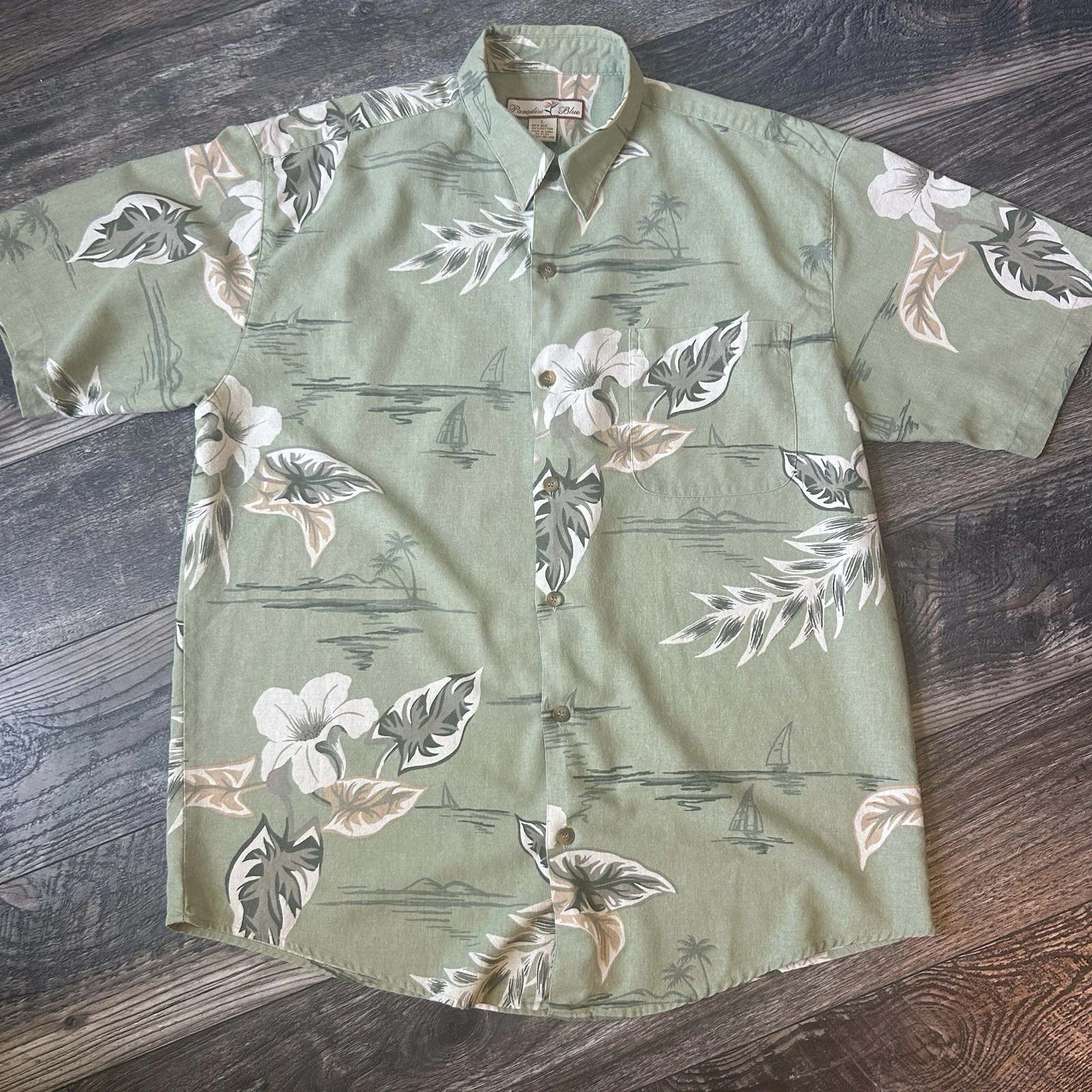 Silk Cotton Blend Paradise Blue Green White Hawaii Style Button Down Men’s Large
