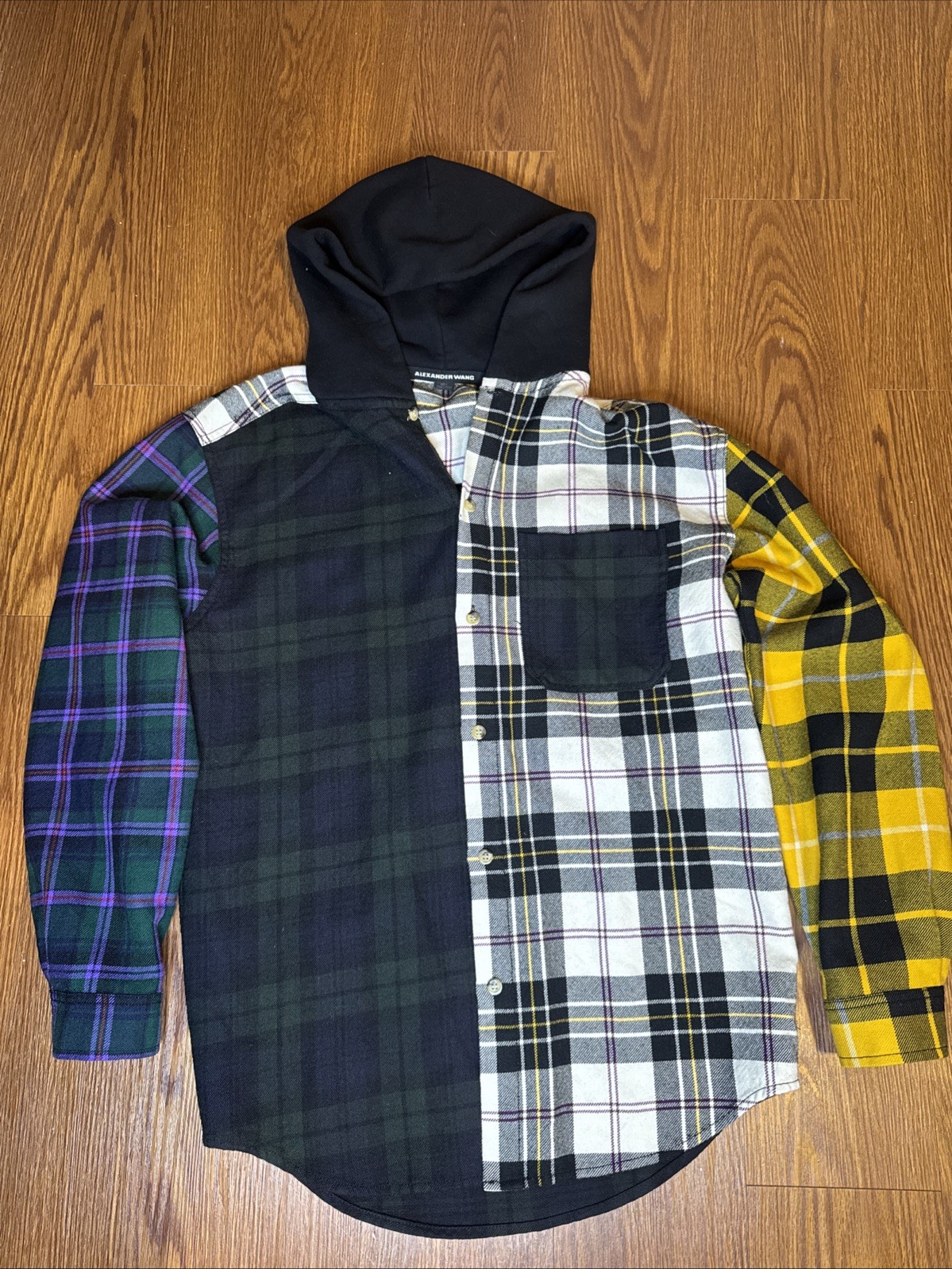 Alexander Wang Patchwork Plaid Flannel Hoodie But… - image 1