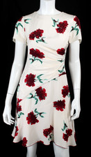 OSCAR DE LA RENTA Cream & Red Floral Silk Woven Short A-Line Dress 6