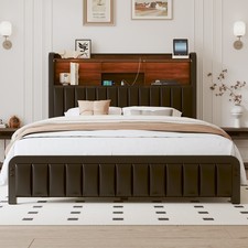 Full Queen Size Upholstered Bed Frame with Charging&Storage Headboard, LED Light