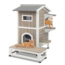 Weatherproof Wood Two Story Outdoor Cat House with Openable Roof 4 Doors Balcony
