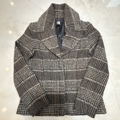 BCBGMAXAZRIA Women s Jacket Plaid Brown Gray Size L Cozy Fall Outerwear