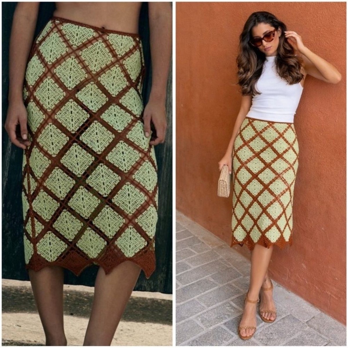 ZARA 2 PIECE SET CROCHET MIDI SKIRT AND TOP MEDIUM Light Green