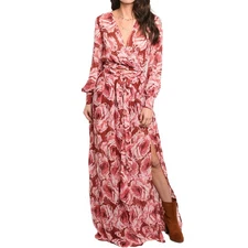XTAREN Floral Long Sleeve vNeck Side Slit Maxi Skirt & Top 2-Piece Set