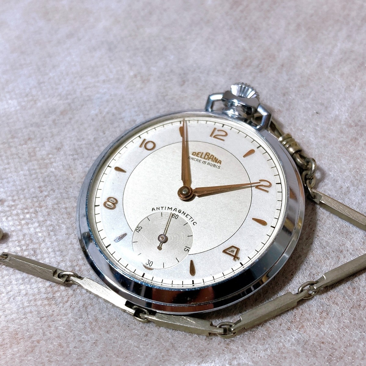 Vintage DELBANA Swiss Pocket Watch 1950s Hand Wind Small Seconds w
