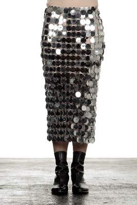 Paco Rabanne Womens Sequin Midi Skirt Silver