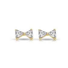 14K Real Solid Yellow Gold Dainty Ribbon Bow CZ Sleeper Stud Earrings Screw-back