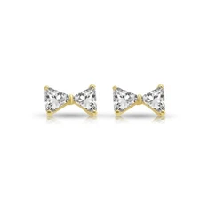 14K Real Solid Yellow Gold Dainty Ribbon Bow CZ Sleeper Stud Earrings Screw-back