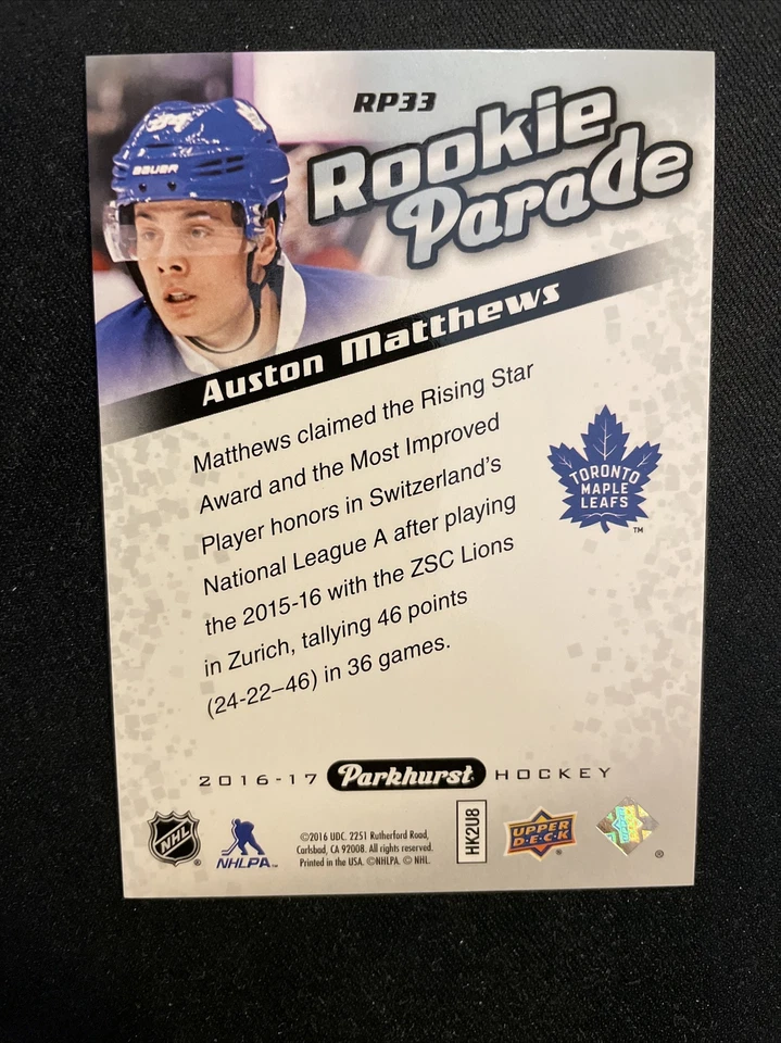 16-17 UD Parkhurst Rookie Parade Red Parallel SP RP33 Auston Matthews /199 - Image 2 of 2