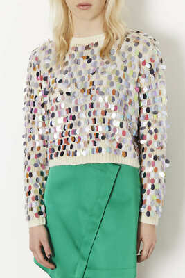  NWT TOPSHOP WHITE ILLUSION LIGHT 3D SEQUIN SWEATER,sz.XS/US2/UK6