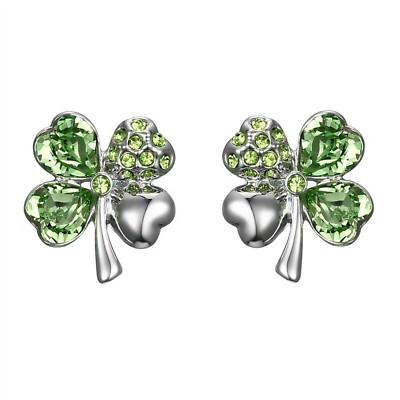 Shamrock Clover Heart Green Jeweled Stud Earrings Made With Swarovski Crystals