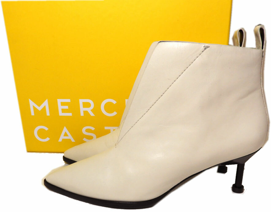 $475 Mercedes Castillo Kasuri Pointy Toe Booties Ankle Boots Ivory Patent  Sz