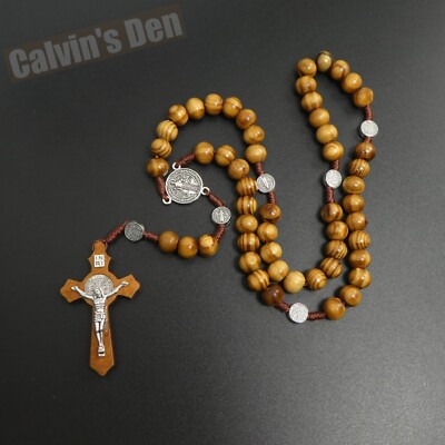 St Benedict Rosary Necklace Dark Wood Bead Five Decade Crucifix Cross Men Gift