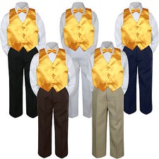 4pc Boys Baby Toddler Kids Yellow Vest Bow Tie Formal Set Suit S-7