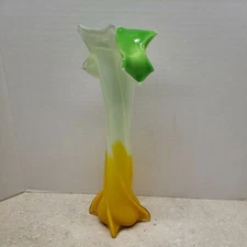 Vintage Twisted Art Glass Vase, Green Yellow White covered in Clear 12" tall