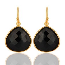 Natural Black Onyx 18K Gold Plated 925 Sterling Silver Earrings Jewelry