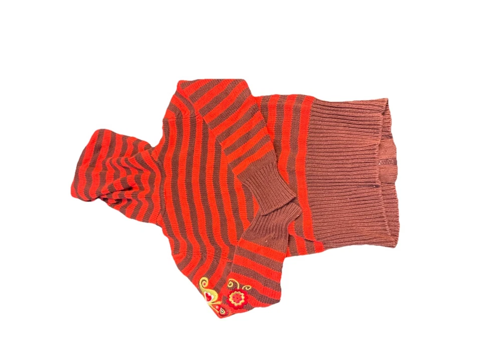 Y2K 2000s Sudadera con Capucha 5/6 Marrón Naranja Rayas Tejido Manga Floral Boho Lindo Bordado Foto 3 de 4