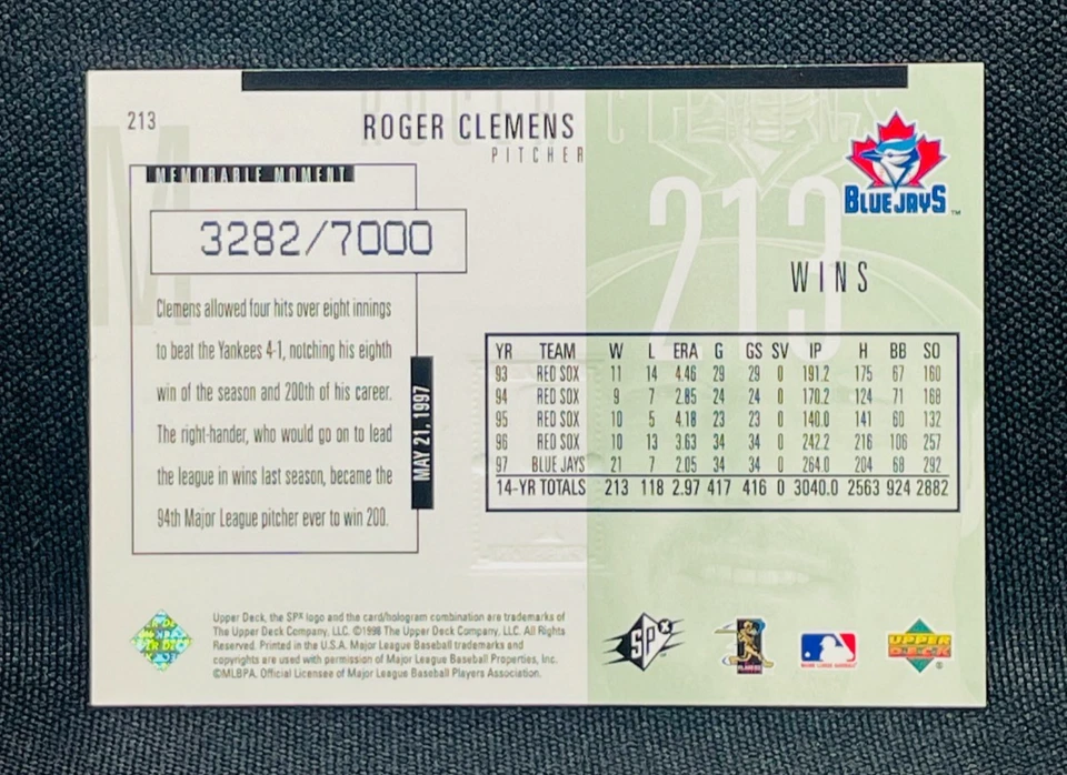 1998 Upper Deck SPx Finite Baseball - ROGER CLEMENS #213 - POWER PASSION /7000 - Image 2 of 2