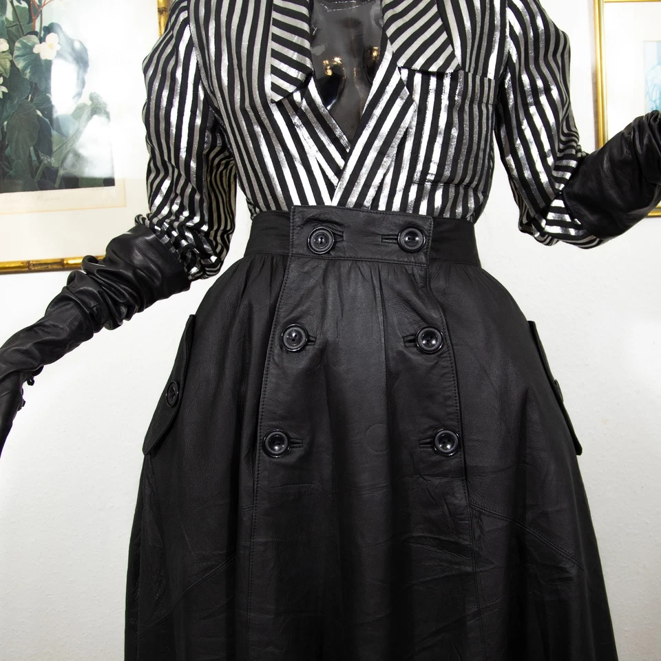 Vintage 1980s Black Leather Midi Skirt High Waisted Full Circle With Buttons 10 - Image 2 of 4