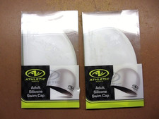 Two 2 New Athletic Works Adult Silicone Swim Caps Latex Free White Easy On/Off