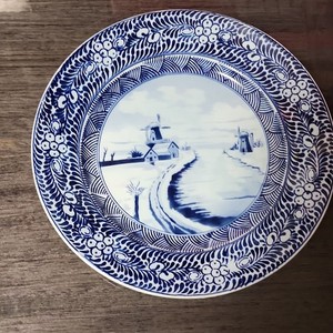 Delft Blue & White Dutch Windmill Decorative Collector Plate w/ Wall Hanger