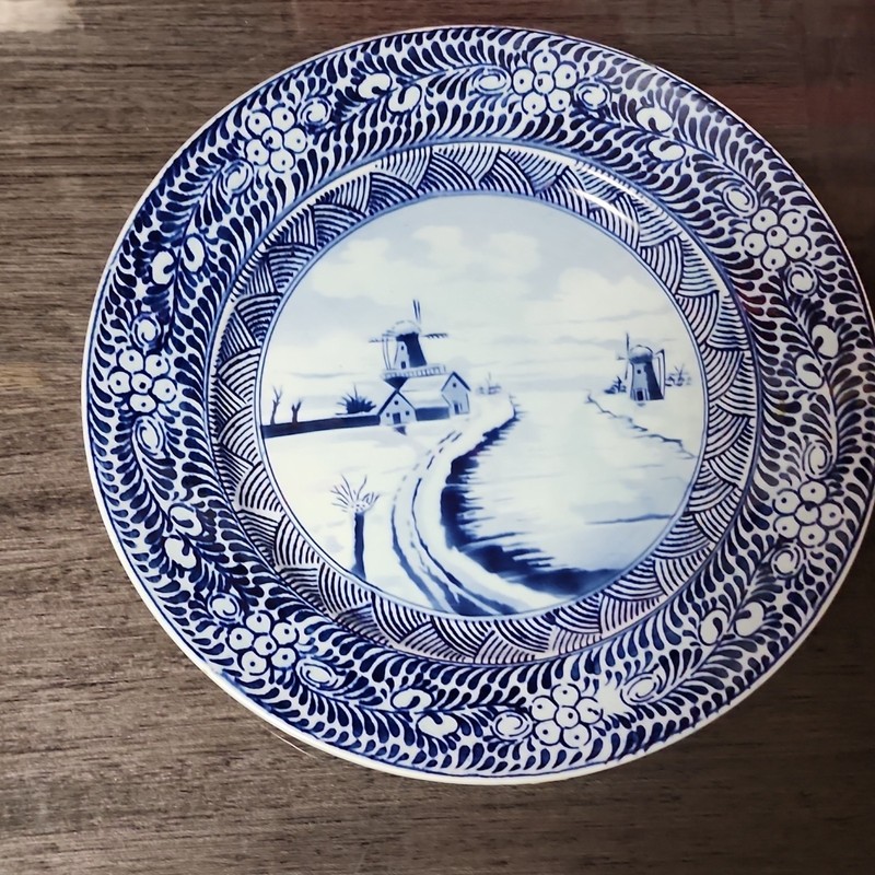 Delft Blue & White Dutch Windmill Decorative Collector Plate w/ Wall Hanger