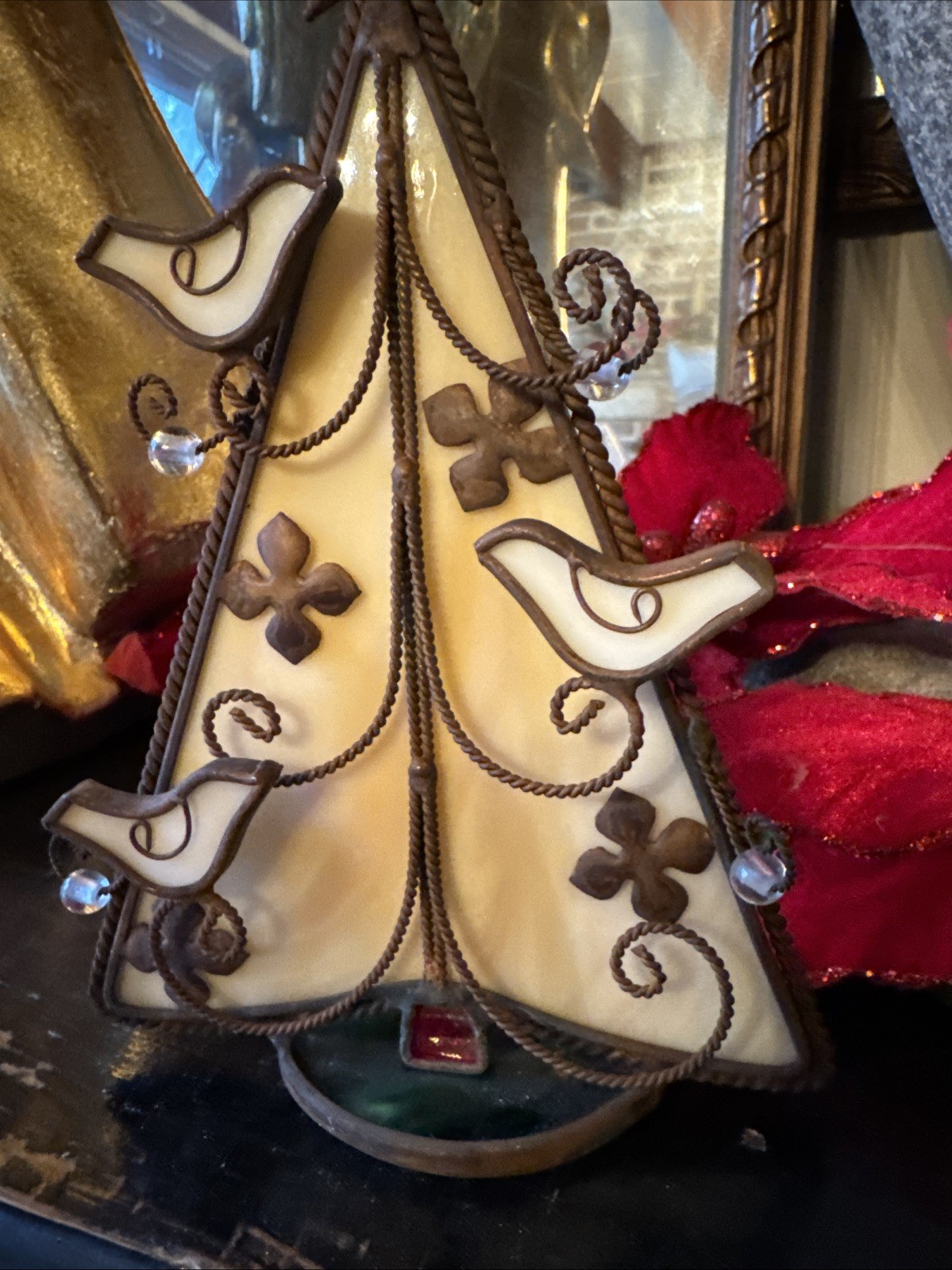 Vintage Stained Glass Christmas Tree Tea Light Candle Holder