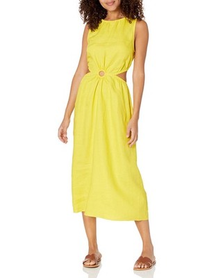 New The Drop Women's Sade 100% Linen Cut-Out Midi Dress Med Yellow Resort Wear