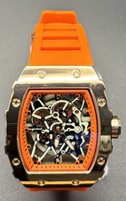 Men's Analog Sport Watch 42mm Gold Tone Skeleton Dial Orange Band LCD-03 - NEW