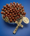 Vintage Catholic Burnt Sienna Milk Glass Rosary, Silver Tone  Crucifix + Medal